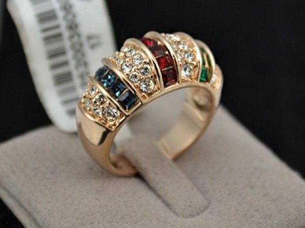 Anel Folheado, Ouro Rose 18k c/ Cristais Swarovski Coloridos
